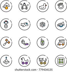line vector icon set - dolphin vector, robot, duck toy, beanbag, plane, cube, horn, hammer, constructor blocks, phone, train, wirligig, cat, hole