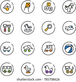 line vector icon set - dolphin vector, kite, abc cube, dinosaur toy, shovel fork, rocking horse, beanbag, plane, baby car, elephant wheel, train, beach ball, bus, duck, cat