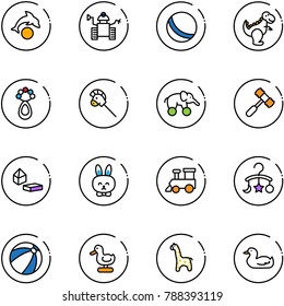line vector icon set - dolphin vector, robot, ball, dinosaur toy, beanbag, horse stick, elephant wheel, hammer, constructor blocks, rabbit, train, baby carousel, beach, duck, giraffe