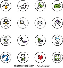line vector icon set - dolphin vector, duck toy, beanbag, crocodile, bear, horse stick, cube, ufo, robot, constructor blocks, caterpillar, rabbit, beach ball, puzzle, hole