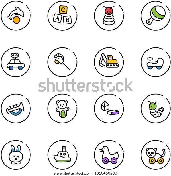 line vector icon set\
- dolphin vector, abc cube, pyramid toy, beanbag, car, horse stick,\
excavator, baby, horn, bear, constructor blocks, caterpillar,\
rabbit, boat, duck, cat