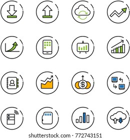 line vector icon set - download vector, uplooad, refresh cloud, growth arrow, mobile, presentation chart, contact book, dollar, data exchange, server wireless, micro flash card