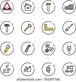 line vector icon set - drawbridge vector road sign, home, work, brick wall, hammer, sledgehammer, corner ruler, chisel, wrench, plumber, rivet, winch, welding, stapler, allen key set, toy train