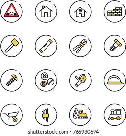 line vector icon set - drawbridge vector road sign, home, brick wall, rubber hammer, level, bolt cutter, screw, rivet, Angular grinder, construction helmet, wheelbarrow, allen key set, excavator toy