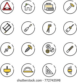 line vector icon set - drawbridge vector road sign, home, sea hotel, hammer, bucksaw, chisel, plumber, screwdriver, nail dowel, screw, rivet, drill, crown, construction helmet, corner ruler