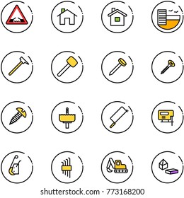 line vector icon set - drawbridge vector road sign, home, hotel, mason hammer, rubber, nail, screw, crown drill, metal hacksaw, jig saw, winch, allen key set, excavator toy, constructor blocks