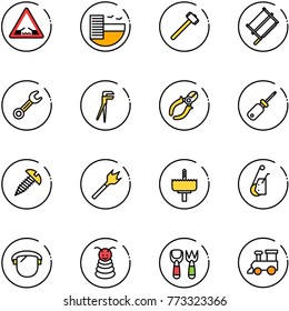 line vector icon set - drawbridge vector road sign, hotel, sledgehammer, bucksaw, wrench, plumber, side cutters, screwdriver, screw, wood drill, crown, winch, protect glass, pyramid toy, shovel fork