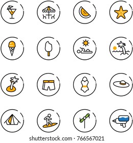 line vector icon set - drink vector, outdoor cafe, watermelone, starfish, ice cream, reading, palm, swimsuit, woman hat, tent, surfing, toy windmill, water gun