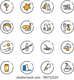 line vector icon set - drink vector, sea turtle, flippers, pool, ball, diving, life vest, ship bell, waves, kayak, fishing, dolphin, water power plant, oiler, sailboat toy
