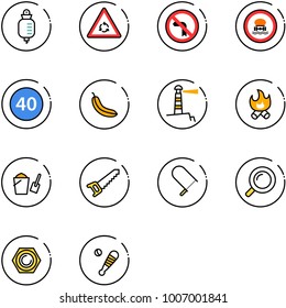 line vector icon set - drop counter vector, round motion road sign, no left turn, dangerous cargo, minimal speed limit, banana, lighthouse, fire, bucket scoop, saw, fretsaw, magnifier, nut