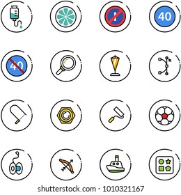 line vector icon set - drop counter vector, lemon slice, no parkin odd, minimal speed limit road sign, end, magnifier, pennant, bezier, fretsaw, nut, paint roller, soccer ball, yoyo, bow, toy boat