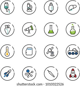 line vector icon set - drop counter vector, lab, liver, heart, telescope, flask, round, thermometer, micro flash card, satellite, moon rover, rocket, molecule, forceps