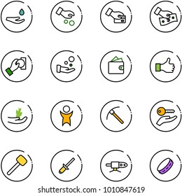 line vector icon set - drop hand vector, investment, card pay, cash, wallet, like, sproute, success, rock axe, key, rubber hammer, clinch, pipe welding, tambourine