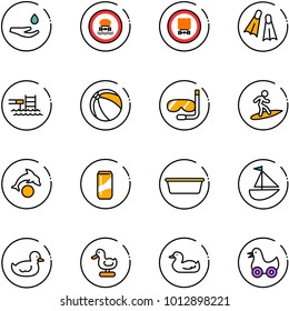 line vector icon set - drop hand vector, no dangerous cargo road sign, flippers, pool, ball, diving, surfing, dolphin, drink, basin, sailboat toy, duck
