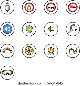 line vector icon set - drop counter vector, no dangerous cargo road sign, cart horse, truck overtake, minimal speed limit, shield check, left arrow, magnifier, rainbow, parasol, fire, bucket scoop