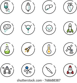 line vector icon set - drop counter vector, liver, heart, brain, bladder, virus, rocket, round flask, thermometer, satellite, robot, molecule, forceps
