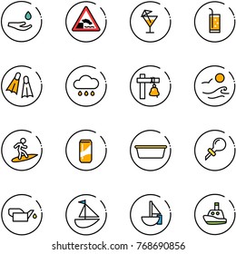 line vector icon set - drop hand vector, embankment road sign, drink, flippers, rain cloud, ship bell, waves, surfing, basin, oiler, sailboat toy, boat