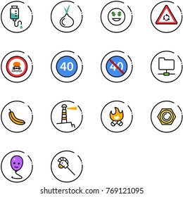 line vector icon set - drop counter vector, onion, dollar smile, round motion road sign, no dangerous cargo, minimal speed limit, end, network folder, banana, lighthouse, fire, nut, balloon