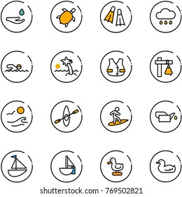 line vector icon set - drop hand vector, sea turtle, flippers, rain cloud, swimming, palm, life vest, ship bell, waves, kayak, surfing, oiler, sailboat toy, duck