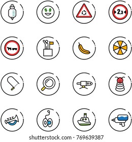 line vector icon set - drop counter vector, dollar smile, round motion road sign, limited width, no cart horse, win, banana, parasol, fretsaw, magnifier, pipe welding, pyramid toy, horn, yoyo, boat