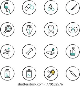 line vector icon set - drop counter vector, pills, scalpel, bacteria, heart, tooth, kidneys, run, broken bone, hand, liquid soap, bottle, pulse clipboard, Angular grinder, forceps