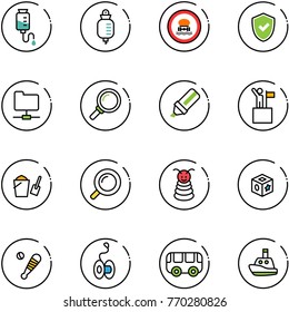 line vector icon set - drop counter vector, no dangerous cargo road sign, shield check, network folder, magnifier, highlight marker, win, bucket scoop, pyramid toy, cube, baseball bat, yoyo, bus