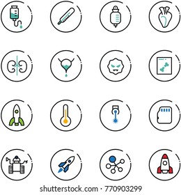 line vector icon set - drop counter vector, thermometer, heart, kidneys, bladder, virus, x ray, rocket, laser, micro flash card, robot, molecule