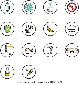 line vector icon set - drop counter vector, lemon slice, onion, no left turn road sign, shield check, win, banana, rain cloud, lighthouse, bucket scoop, bezier, protective glasses, brush