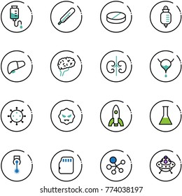 line vector icon set - drop counter vector, thermometer, pill, liver, brain, kidneys, bladder, virus, rocket, flask, laser, micro flash card, molecule, ufo toy