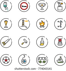 line vector icon set - drop counter vector, no cart horse road sign, gold cup, win, pennant, lighthouse, fire, bezier, saw, paint roller, brush, pyramid toy, soccer ball, yoyo, bus, boat