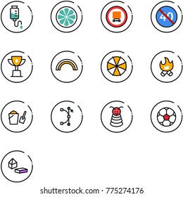 line vector icon set - drop counter vector, lemon slice, no dangerous cargo road sign, end minimal speed limit, win cup, rainbow, parasol, fire, bucket scoop, bezier, pyramid toy, soccer ball