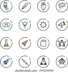 line vector icon set - drop counter vector, thermometer, heart, brain, kidneys, bladder, virus, telescope, flask, rocket, micro flash card, robot, forceps, ufo toy