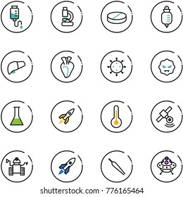 line vector icon set - drop counter vector, lab, pill, liver, heart, virus, flask, rocket, thermometer, satellite, robot, forceps, ufo toy