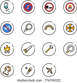 line vector icon set - drop counter vector, no parkin odd, trailer road sign, dangerous cargo, end minimal speed limit, magnifier, rainbow, parasol, fire, saw, sledgehammer, teethers, baseball bat