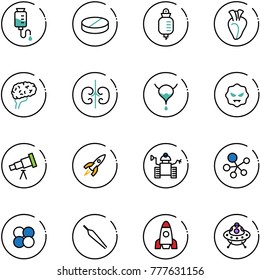 line vector icon set - drop counter vector, pill, heart, brain, kidneys, bladder, virus, telescope, rocket, robot, molecule, atom core, forceps, ufo toy