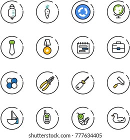 line vector icon set - drop counter vector, carrot, circle road sign, globe, tie, star medal, terms plan, case, atom core, pliers, screwdriver, paint roller, sailboat toy, phone, caterpillar, duck