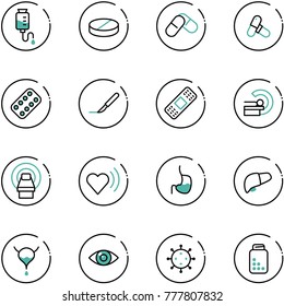 line vector icon set - drop counter vector, pill, pills, blister, scalpel, medical patch, mri, heart beat, stomach, liver, bladder, eye, virus, bottle