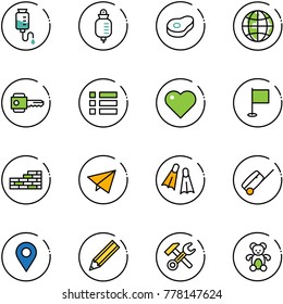 line vector icon set - drop counter vector, meat, globe, key, menu, heart, flag, brick wall, paper fly, flippers, suitcase, navigation pin, pencil, wrench hammer, bear toy