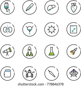 line vector icon set - drop counter vector, thermometer, liver, heart, kidneys, bladder, virus, x ray, telescope, rocket, flask, micro flash card, robot, forceps, ufo toy
