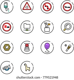 line vector icon set - drop counter vector, round motion road sign, no left turn, cart horse, truck overtake, network folder, win, magnifier, nut, pyramid toy, balloon smile, baseball bat, horn