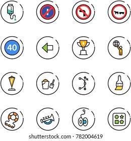 line vector icon set - drop counter vector, no parkin odd, left turn road sign, cart horse, minimal speed limit, arrow, win cup, world, pennant, bucket scoop, bezier, brush, teethers, horn toy, yoyo