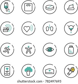 line vector icon set - drop counter vector, floor scales, pill, treadmill, mri, heart beat, lungs, bladder, run, gymnastics, eye, pills bottle, mobile monitor, broccoli, doctor hat, Angular grinder