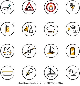 line vector icon set - drop hand vector, embankment road sign, no dangerous cargo, drink, flippers, rain cloud, palm, life vest, kayak, windsurfing, basin, oiler, sailboat toy, duck