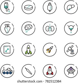 line vector icon set - drop counter vector, pill, liver, heart, brain, kidneys, bladder, x ray, rocket, satellite, moon rover, forceps, ufo toy