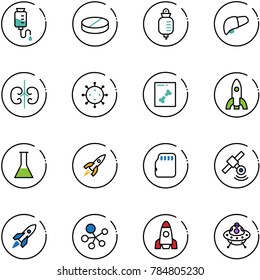 line vector icon set - drop counter vector, pill, liver, kidneys, virus, x ray, rocket, flask, micro flash card, satellite, molecule, ufo toy