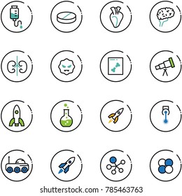 line vector icon set - drop counter vector, pill, heart, brain, kidneys, virus, x ray, telescope, rocket, round flask, laser, moon rover, molecule, atom core