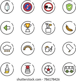 line vector icon set - drop counter vector, no parkin odd, trailer road sign, shield check, left arrow, win cup, banana, rain cloud, rainbow, bucket scoop, fretsaw, brush, pyramid toy, soccer ball
