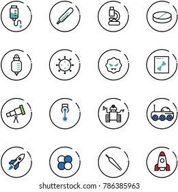 line vector icon set - drop counter vector, thermometer, lab, pill, virus, x ray, telescope, laser, robot, moon rover, rocket, atom core, forceps