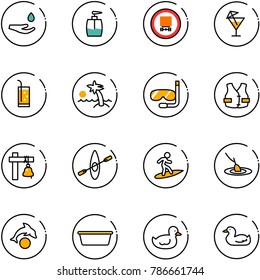 line vector icon set - drop hand vector, liquid soap, no dangerous cargo road sign, drink, palm, diving, life vest, ship bell, kayak, surfing, fishing, dolphin, basin, duck toy