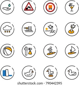 line vector icon set - drop hand vector, embankment road sign, no dangerous cargo, drink, rain cloud, pool, palm, ball, ship bell, surfing, windsurfing, water power plant, duck toy